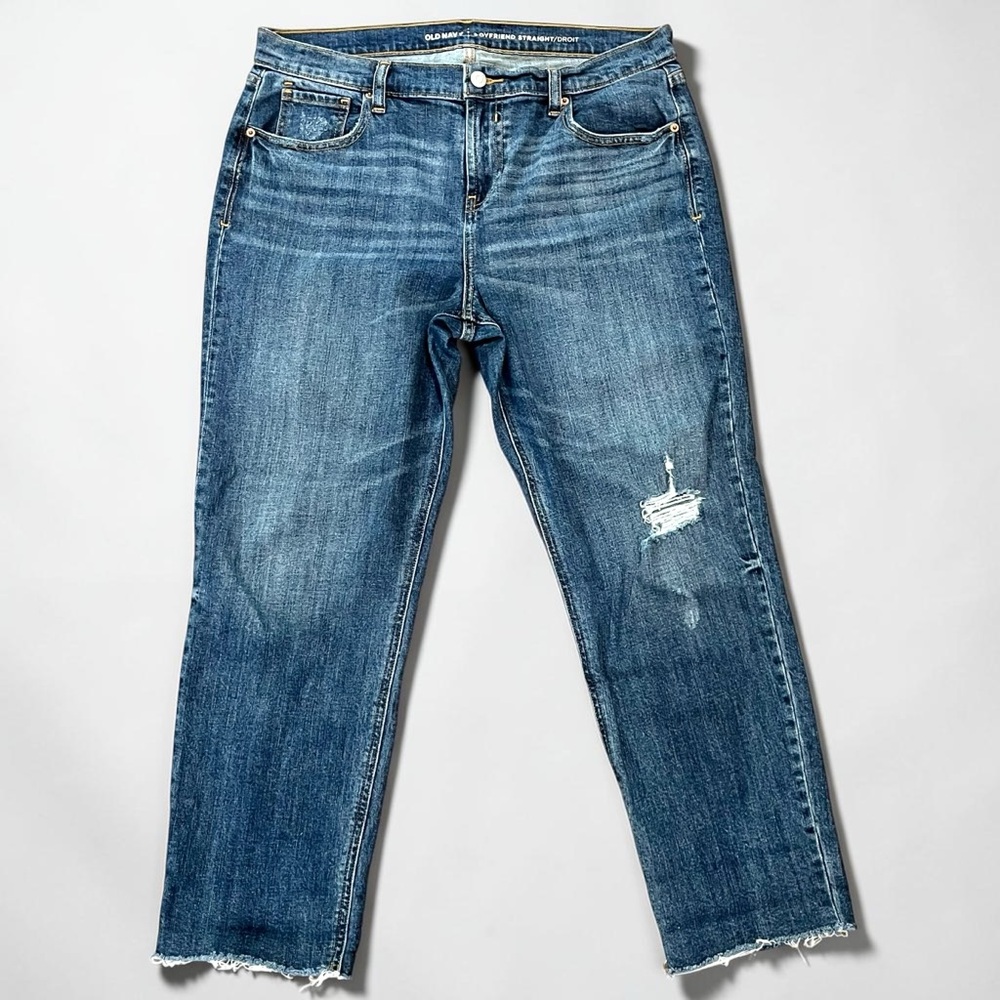 Old Navy Boyfriend Straight Jeans Women's 10 Ankle Distressed Raw Hem Stretch
